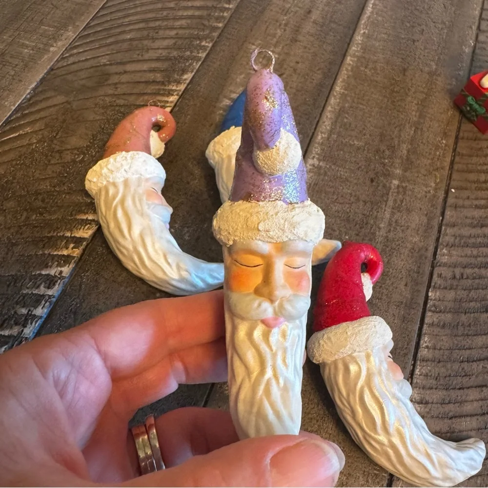 Vintage Christmas Cresent Shape Santa Head Old World Ceramic Christmas Ornaments